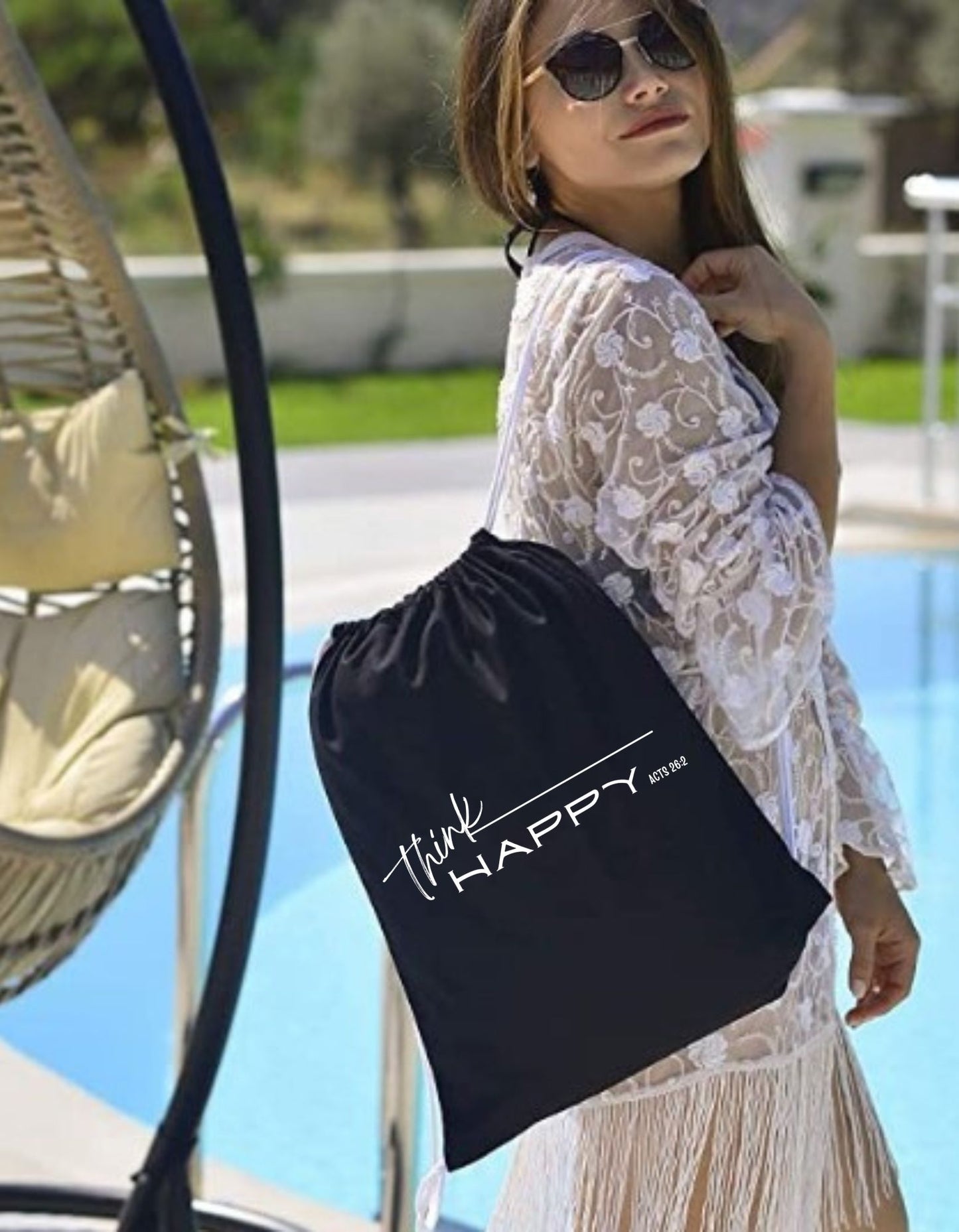 Think Happy Drawstring Canvas Bag